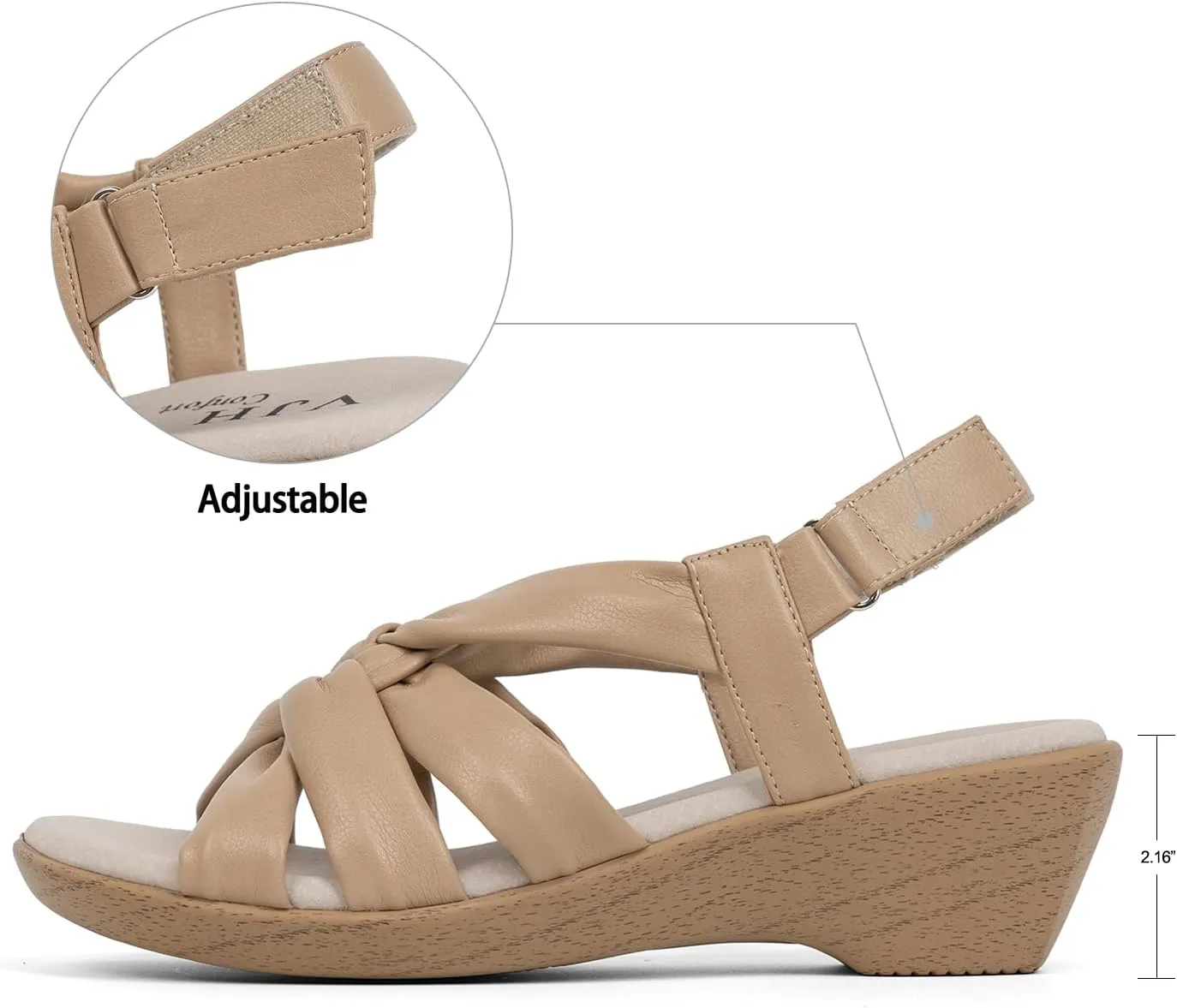 VJH confort Women’s Wedge Sandals, Comfortable Platform Cushioned Insole Strappy Round Toe Casual Wedge Sandals