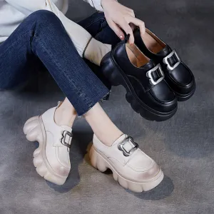 Women Plain Leather Buckle Chunky Platform Loafers