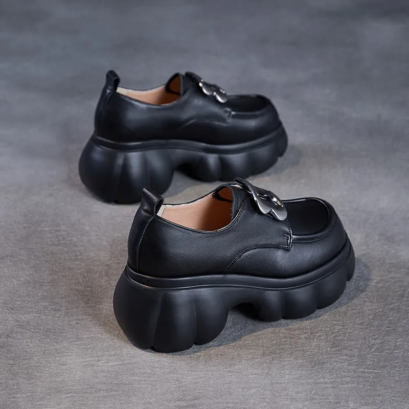 Women Plain Leather Buckle Chunky Platform Loafers