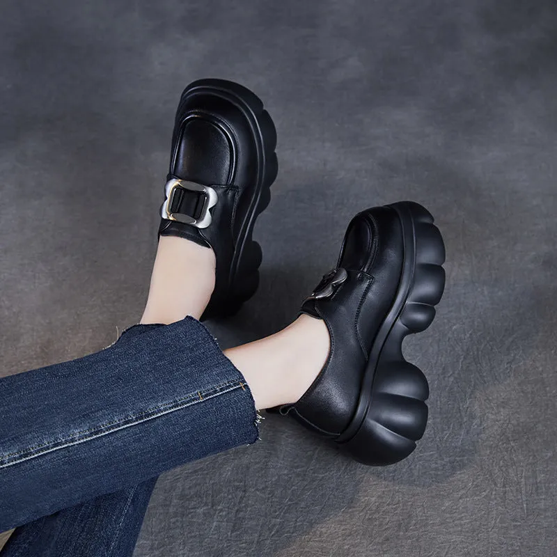 Women Plain Leather Buckle Chunky Platform Loafers