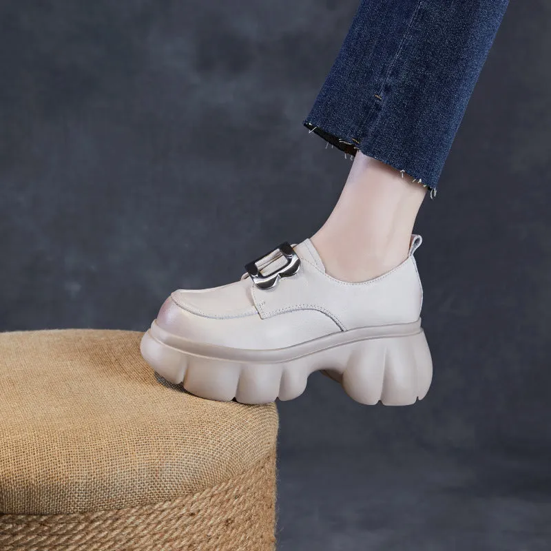Women Plain Leather Buckle Chunky Platform Loafers