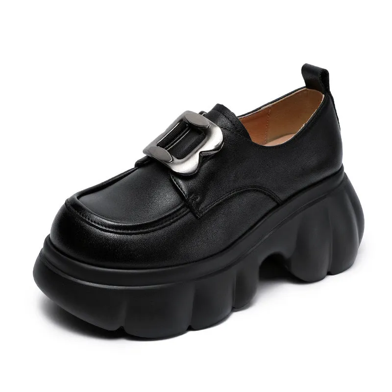 Women Plain Leather Buckle Chunky Platform Loafers