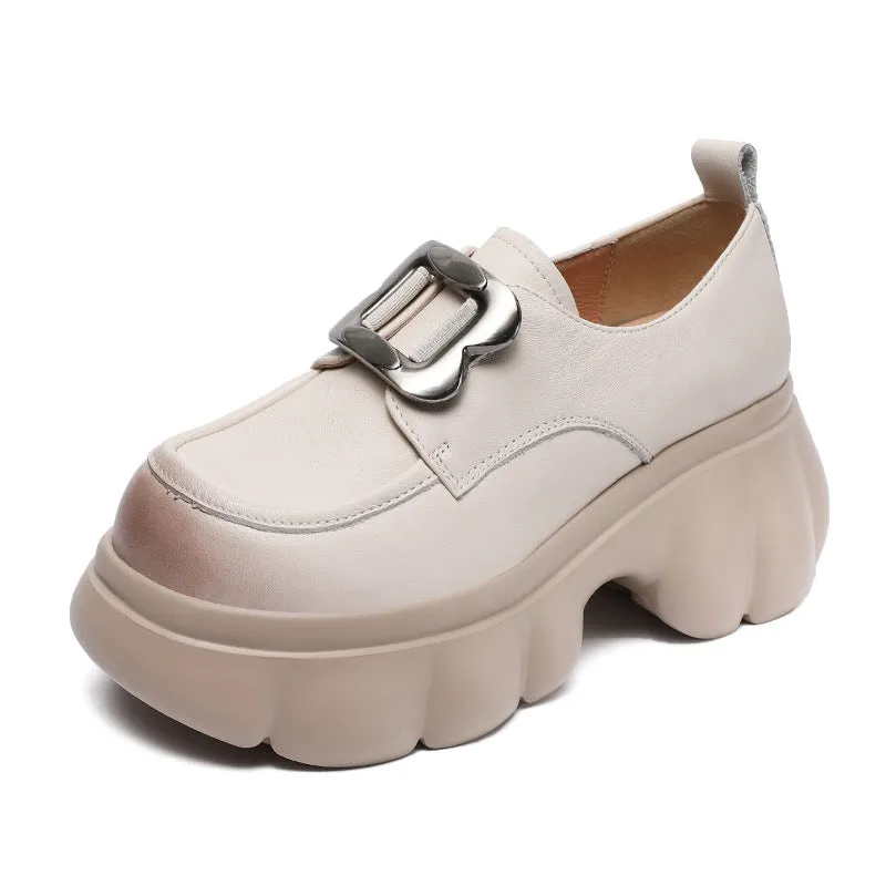 Women Plain Leather Buckle Chunky Platform Loafers