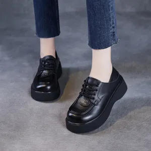 Women Retro Plain Soft Leather Thick Soled Loafers