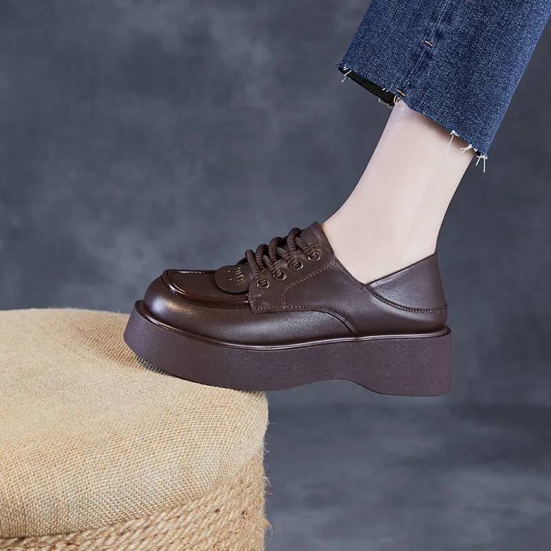 Women Retro Plain Soft Leather Thick Soled Loafers
