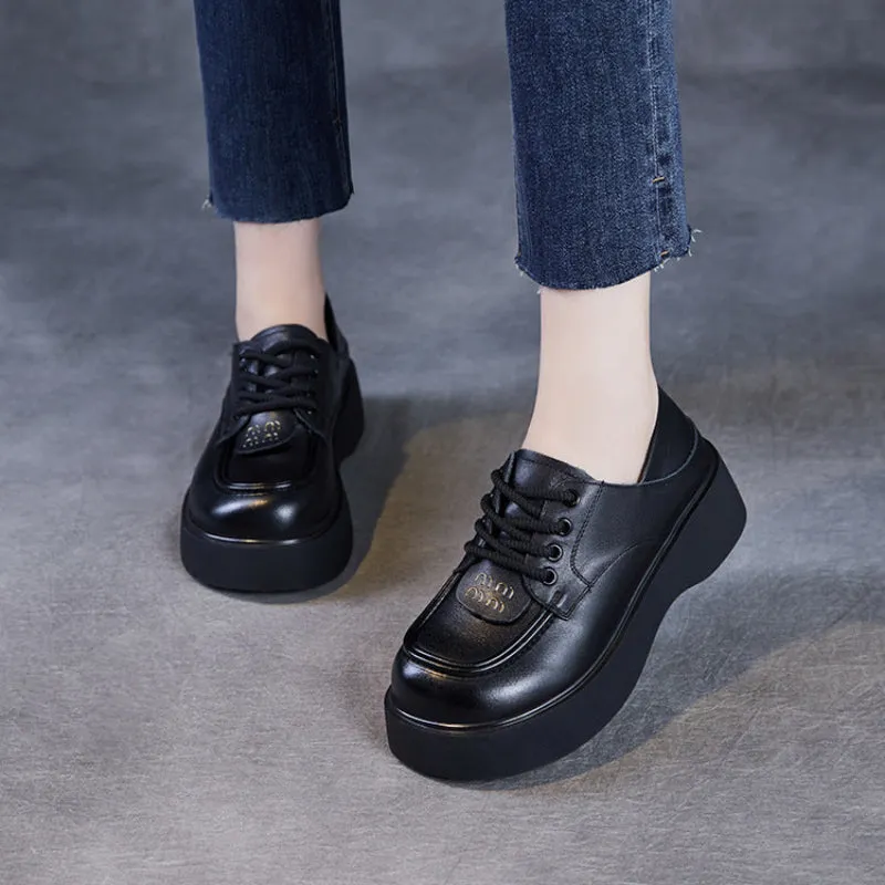Women Retro Plain Soft Leather Thick Soled Loafers