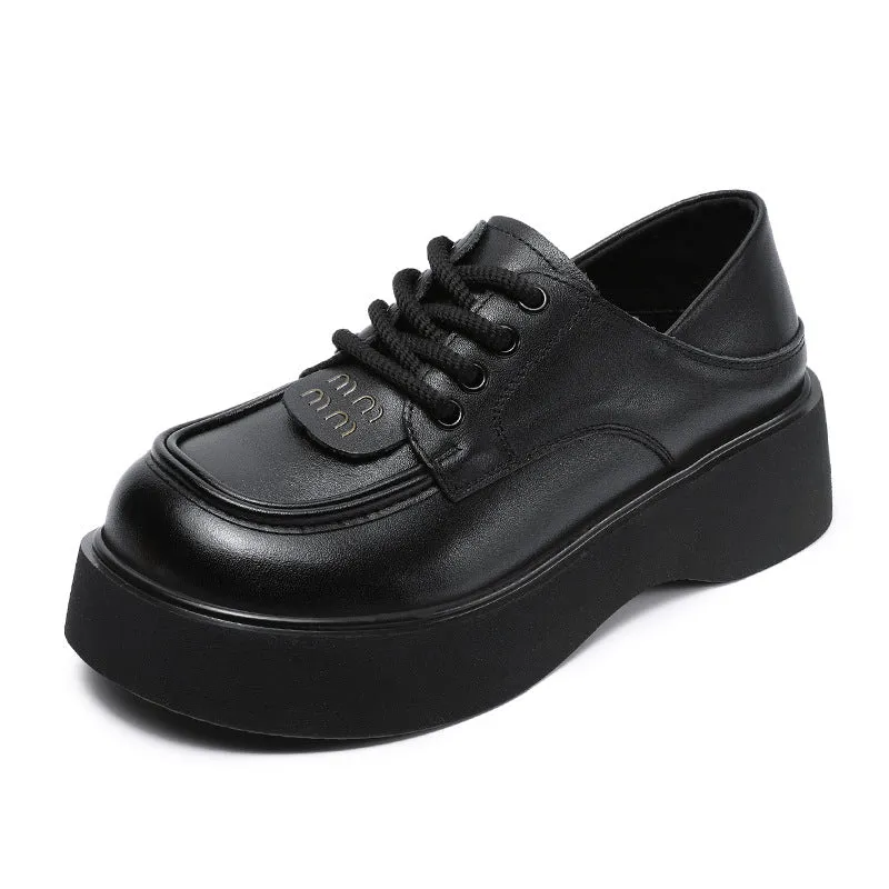 Women Retro Plain Soft Leather Thick Soled Loafers