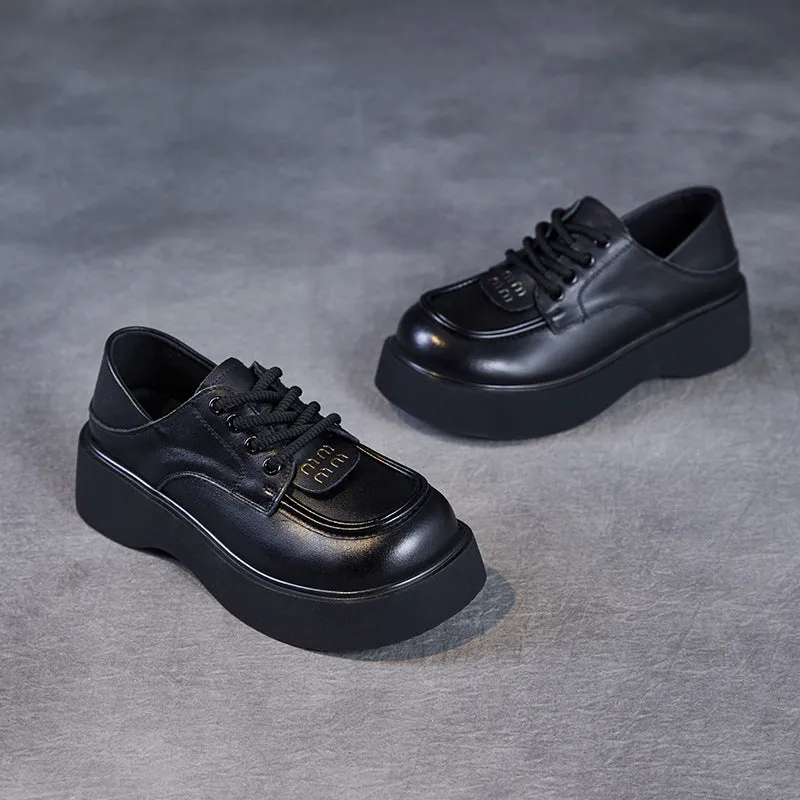 Women Retro Plain Soft Leather Thick Soled Loafers
