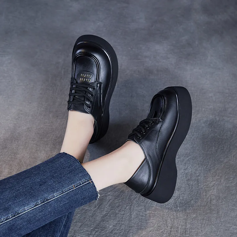 Women Retro Plain Soft Leather Thick Soled Loafers