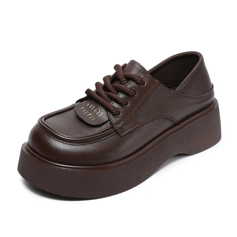 Women Retro Plain Soft Leather Thick Soled Loafers