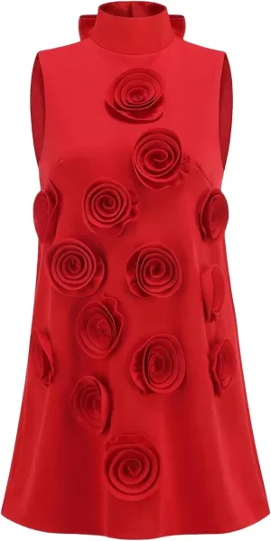 Women Sexy Lace-up Neck Appliques Flower Sleeveless Floral a Line Evening Party Mini Loose Dress