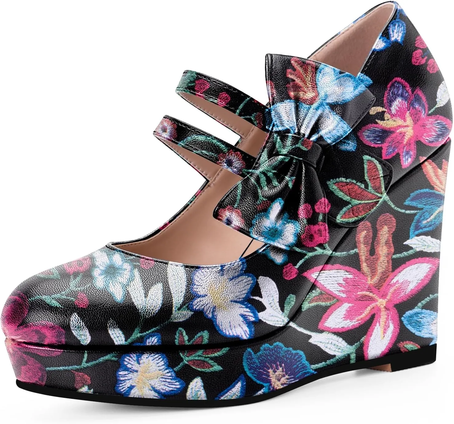 Women's Bow Closed Toe Hook Loop Platform High Heel Wedges Sandals Comfortable Mary Janes Pumps