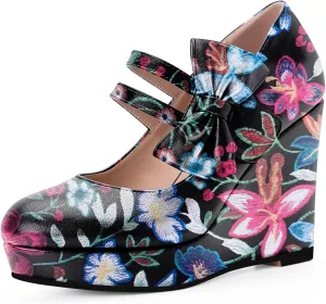 Women's Bow Closed Toe Hook Loop Platform High Heel Wedges Sandals Comfortable Mary Janes Pumps
