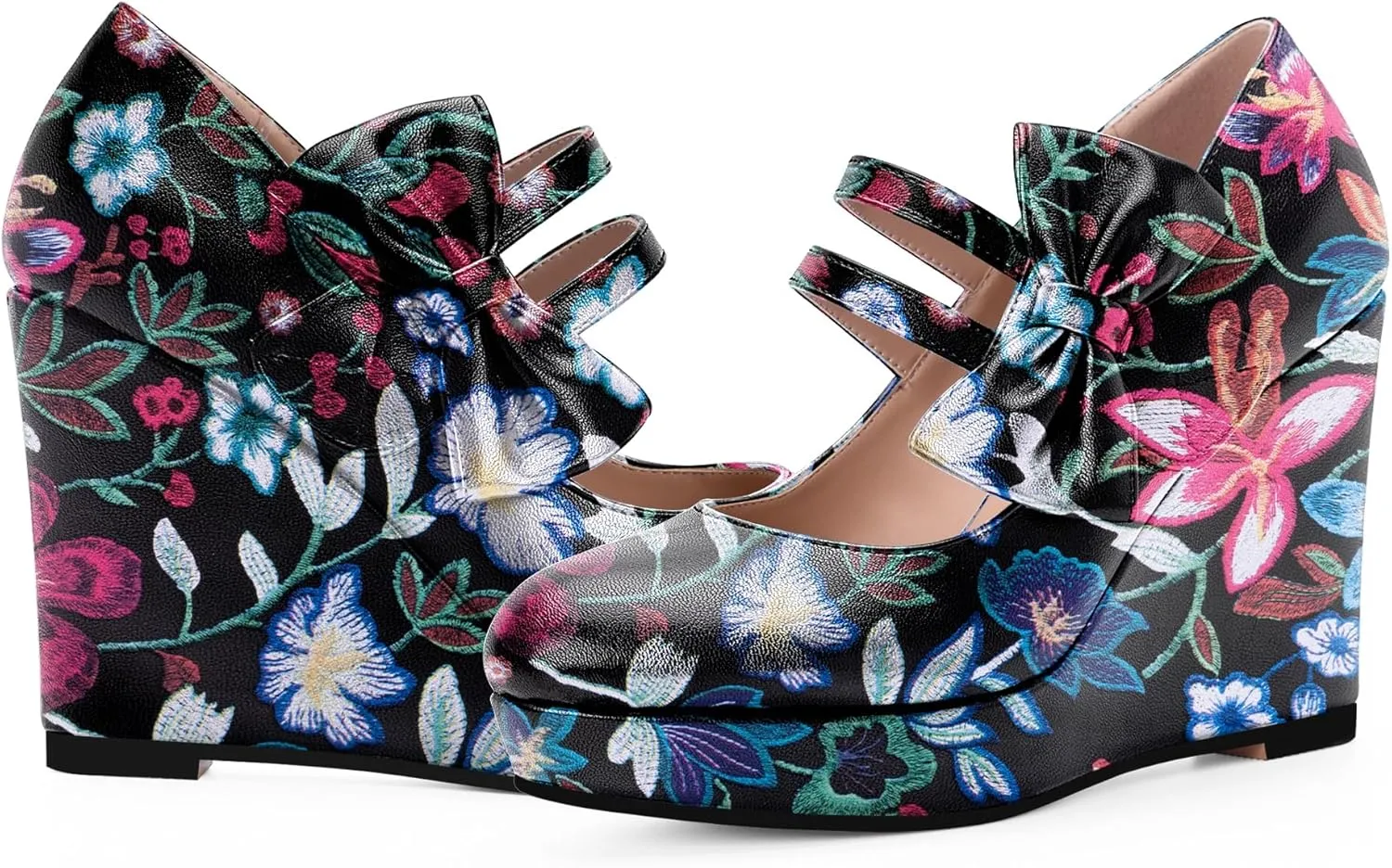 Women's Bow Closed Toe Hook Loop Platform High Heel Wedges Sandals Comfortable Mary Janes Pumps