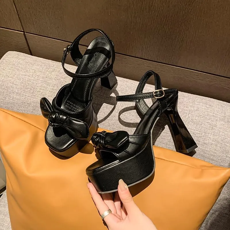 Women’s Bow Knot Stilettos Heeled Sandals,Platform Open Round Toe Strappy Heeled Sandals Wedding Party Prom Shoes