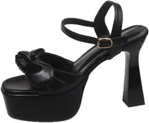 Women’s Bow Knot Stilettos Heeled Sandals,Platform Open Round Toe Strappy Heeled Sandals Wedding Party Prom Shoes