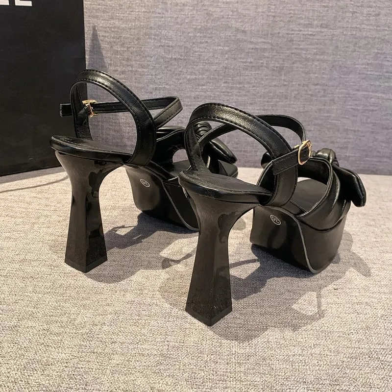 Women’s Bow Knot Stilettos Heeled Sandals,Platform Open Round Toe Strappy Heeled Sandals Wedding Party Prom Shoes
