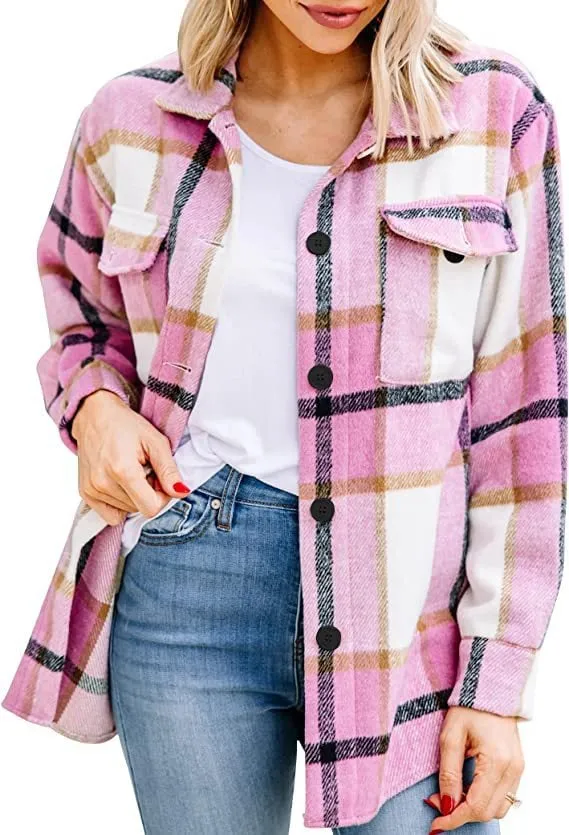 ✨Womens Casual Plaid Shacket Button Down Long Sleeve Shirt
