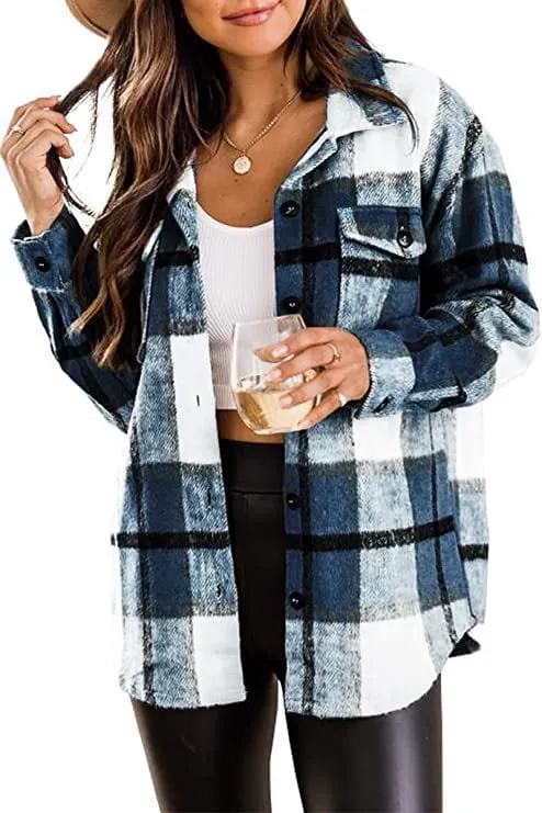 ✨Womens Casual Plaid Shacket Button Down Long Sleeve Shirt