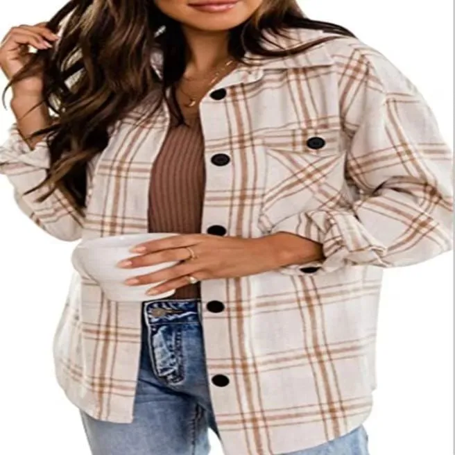 ✨Womens Casual Plaid Shacket Button Down Long Sleeve Shirt
