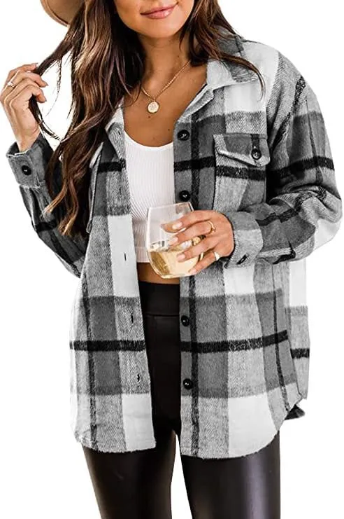 ✨Womens Casual Plaid Shacket Button Down Long Sleeve Shirt