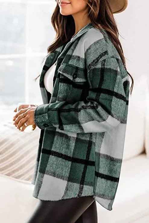 ✨Womens Casual Plaid Shacket Button Down Long Sleeve Shirt
