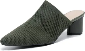 Women's Closed Pointed Toe Chunky Heel Stretch Knit Mules Comfortable Mesh Breathable Slip On Block Heel Slingback Pumps Mules Lightweight Non Slip Fashion Party Dress Slippers