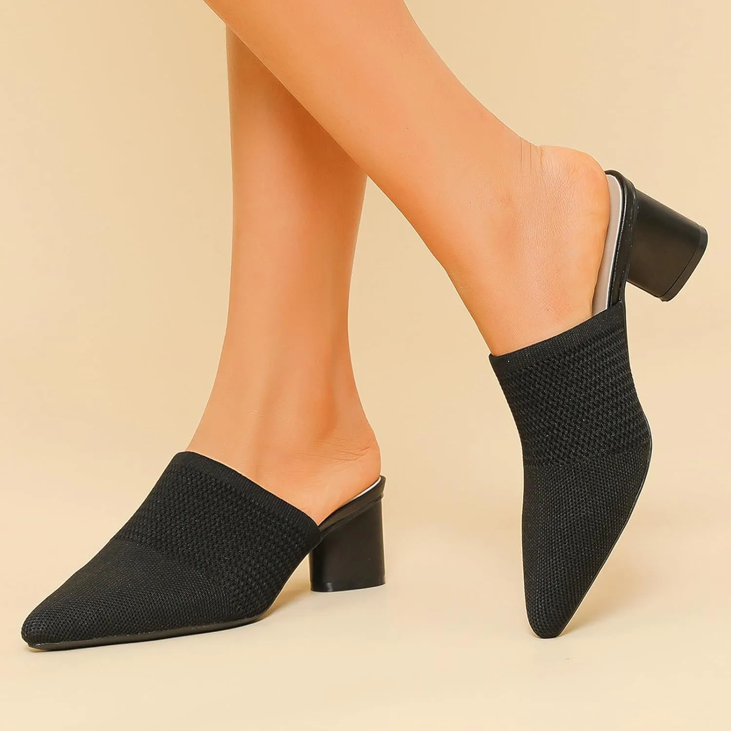 Women's Closed Pointed Toe Chunky Heel Stretch Knit Mules Comfortable Mesh Breathable Slip On Block Heel Slingback Pumps Mules Lightweight Non Slip Fashion Party Dress Slippers