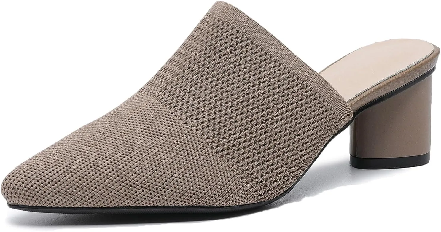 Women's Closed Pointed Toe Chunky Heel Stretch Knit Mules Comfortable Mesh Breathable Slip On Block Heel Slingback Pumps Mules Lightweight Non Slip Fashion Party Dress Slippers