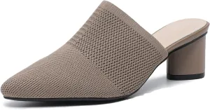 Women's Closed Pointed Toe Chunky Heel Stretch Knit Mules Comfortable Mesh Breathable Slip On Block Heel Slingback Pumps Mules Lightweight Non Slip Fashion Party Dress Slippers