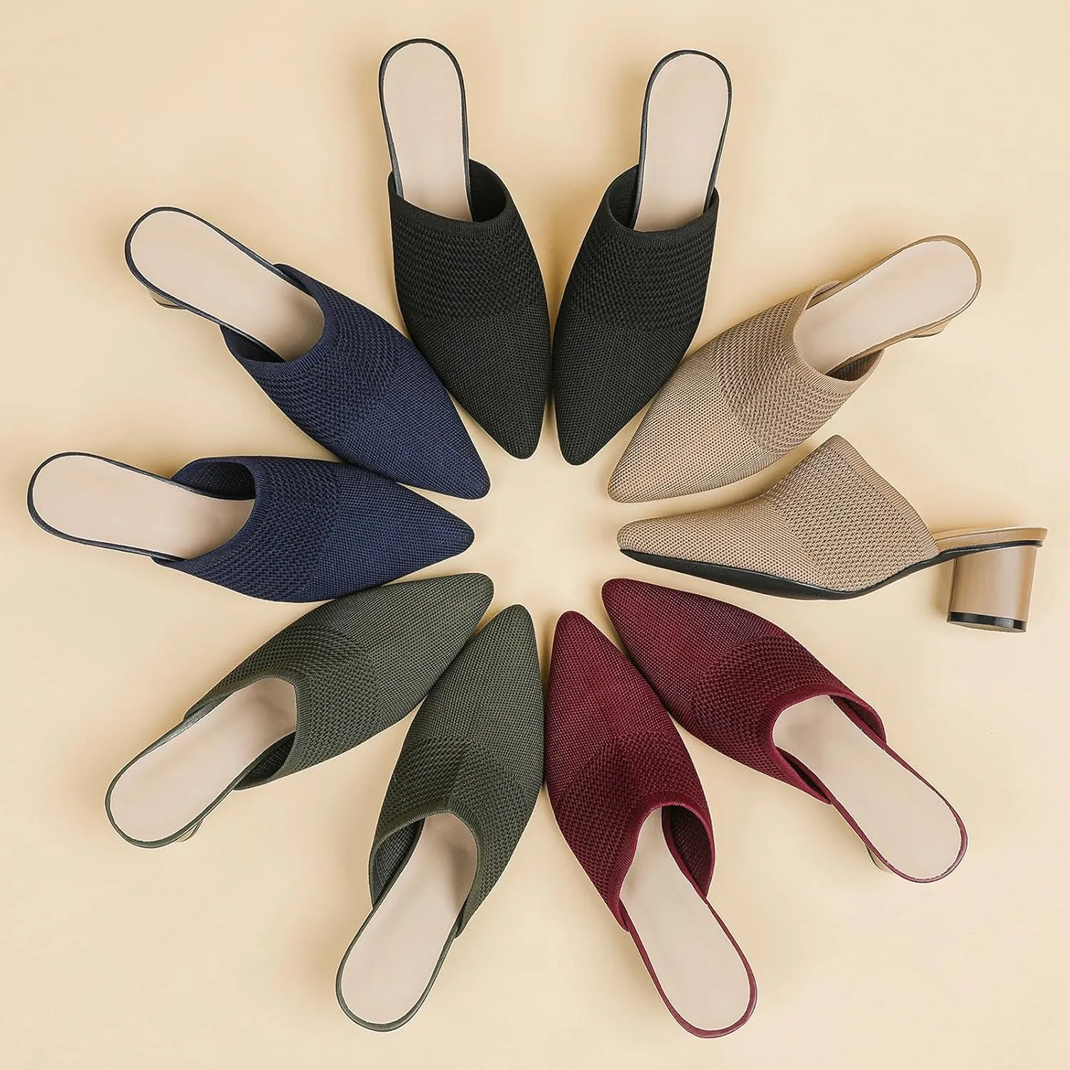 Women's Closed Pointed Toe Chunky Heel Stretch Knit Mules Comfortable Mesh Breathable Slip On Block Heel Slingback Pumps Mules Lightweight Non Slip Fashion Party Dress Slippers