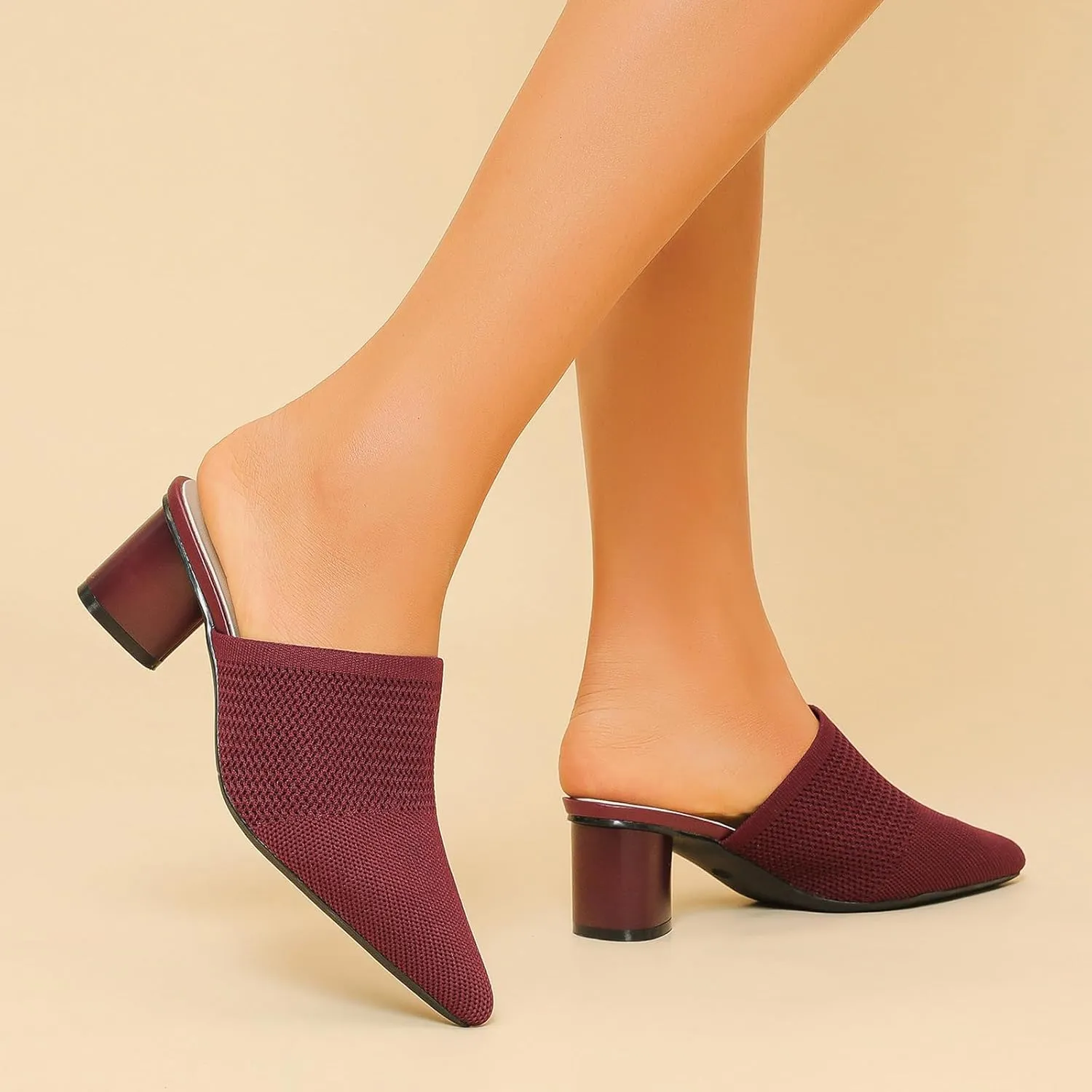 Women's Closed Pointed Toe Chunky Heel Stretch Knit Mules Comfortable Mesh Breathable Slip On Block Heel Slingback Pumps Mules Lightweight Non Slip Fashion Party Dress Slippers