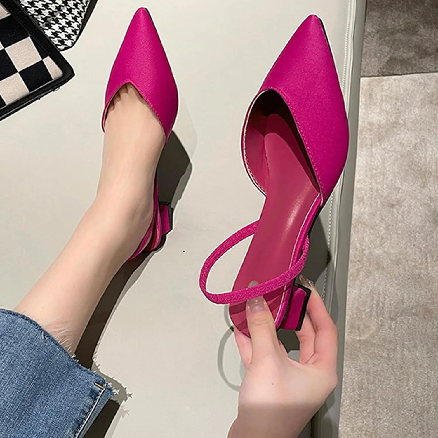 Women's Closed Pointed Toe Mules Sandal,Slingback Slip On Wedding Dress Pumps Fashion Chunky Heels Dress Shoes