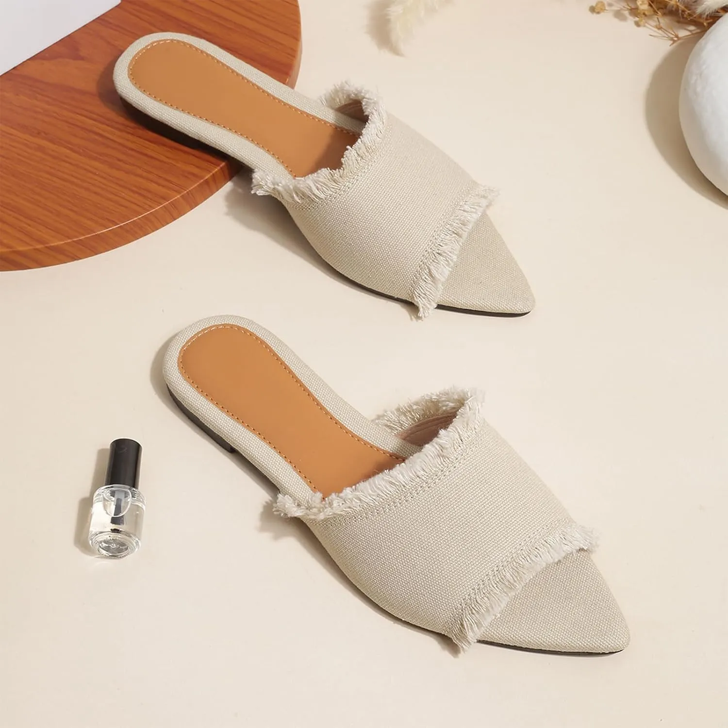 Women's Fashion Denim Cloth Flat Slides Sandals Summer Fish Mouth Open Toe Tassel Comfort Soft Slip On Outdoor Slipper Walking Beach Casual Sandals