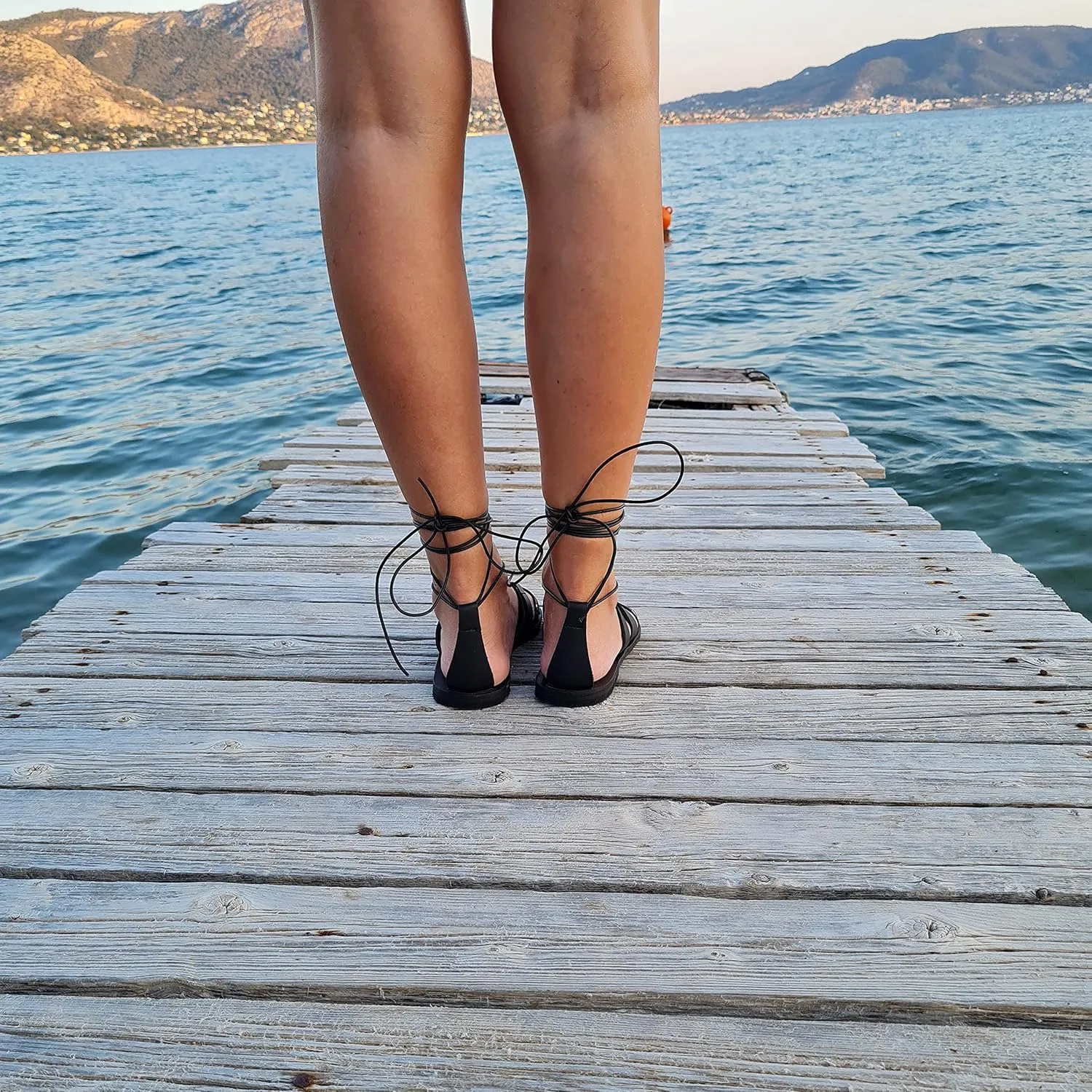 Women's Flat Sandals, Lace up Studded Sandals Gladiator Sandals Handmade of real leather (US 8, Black)
