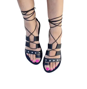 Women's Flat Sandals, Lace up Studded Sandals Gladiator Sandals Handmade of real leather (US 8, Black)