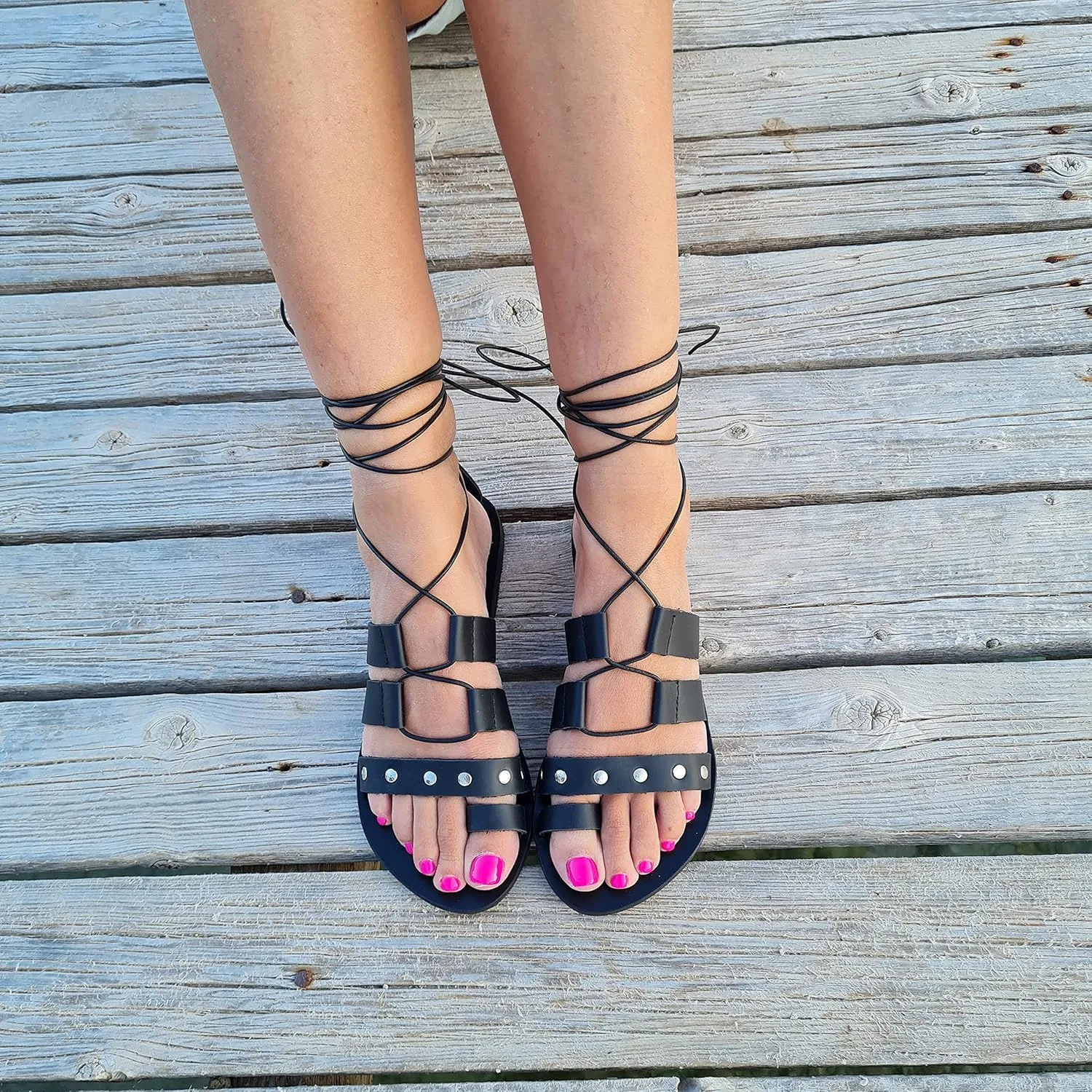 Women's Flat Sandals, Lace up Studded Sandals Gladiator Sandals Handmade of real leather (US 8, Black)