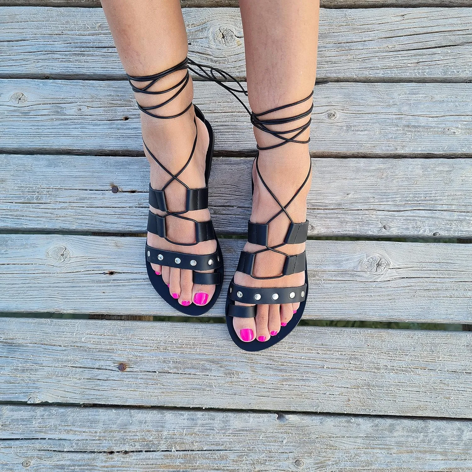 Women's Flat Sandals, Lace up Studded Sandals Gladiator Sandals Handmade of real leather (US 8, Black)
