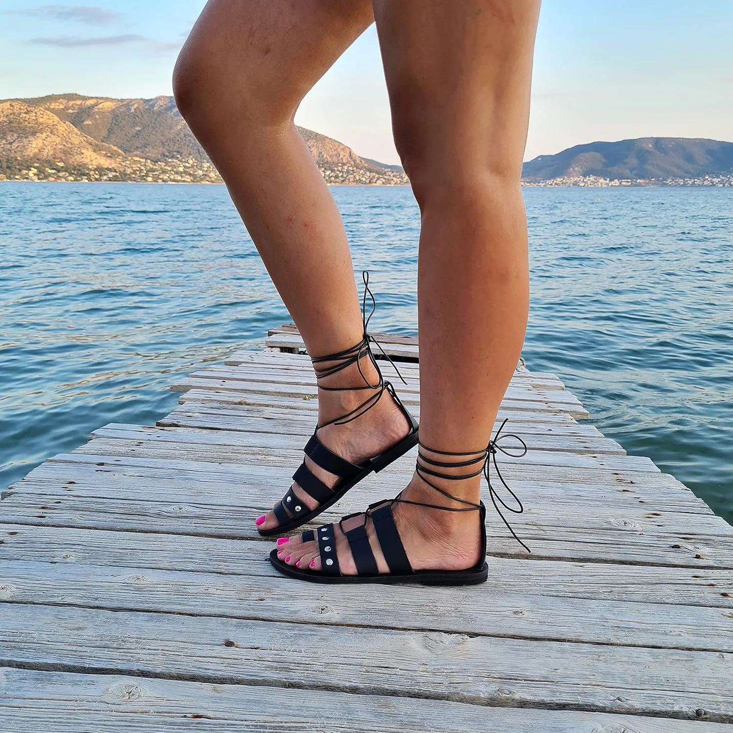Women's Flat Sandals, Lace up Studded Sandals Gladiator Sandals Handmade of real leather (US 8, Black)