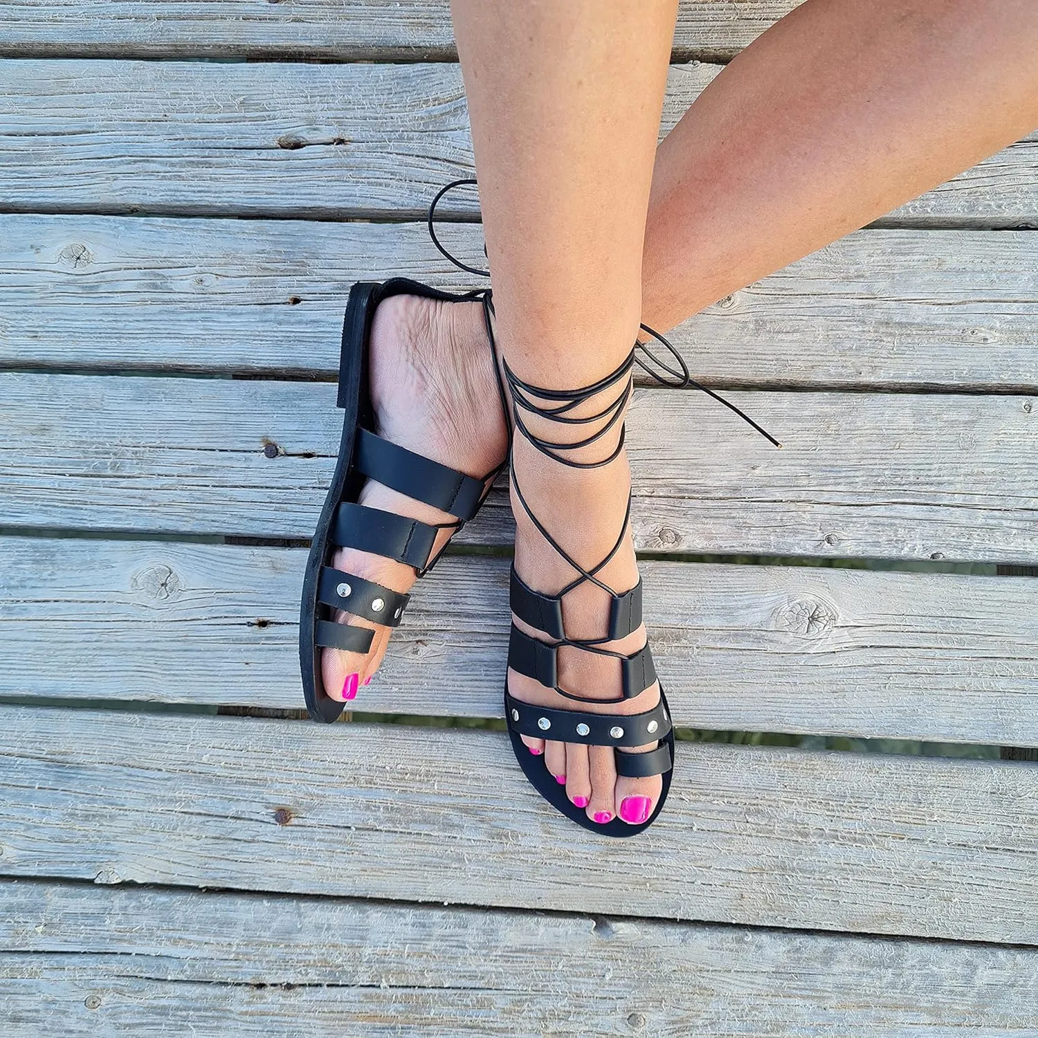 Women's Flat Sandals, Lace up Studded Sandals Gladiator Sandals Handmade of real leather (US 8, Black)