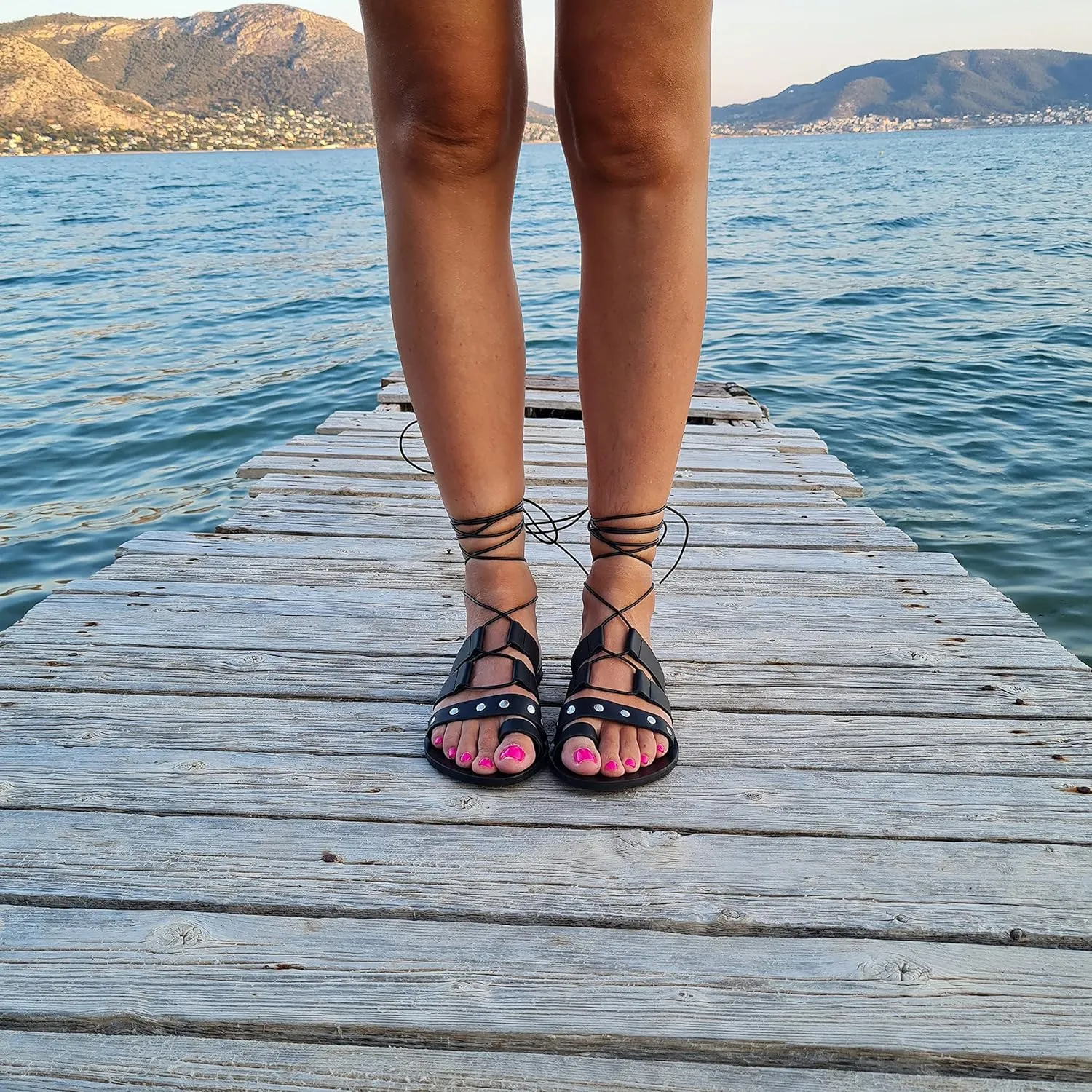 Women's Flat Sandals, Lace up Studded Sandals Gladiator Sandals Handmade of real leather (US 8, Black)