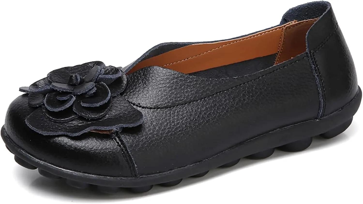 Womens Genuine Leather Loafers Wide Width Slip on Casual Round Toe Moccasins Driving Flats Lightweight Mom Nurse Walking Shoes