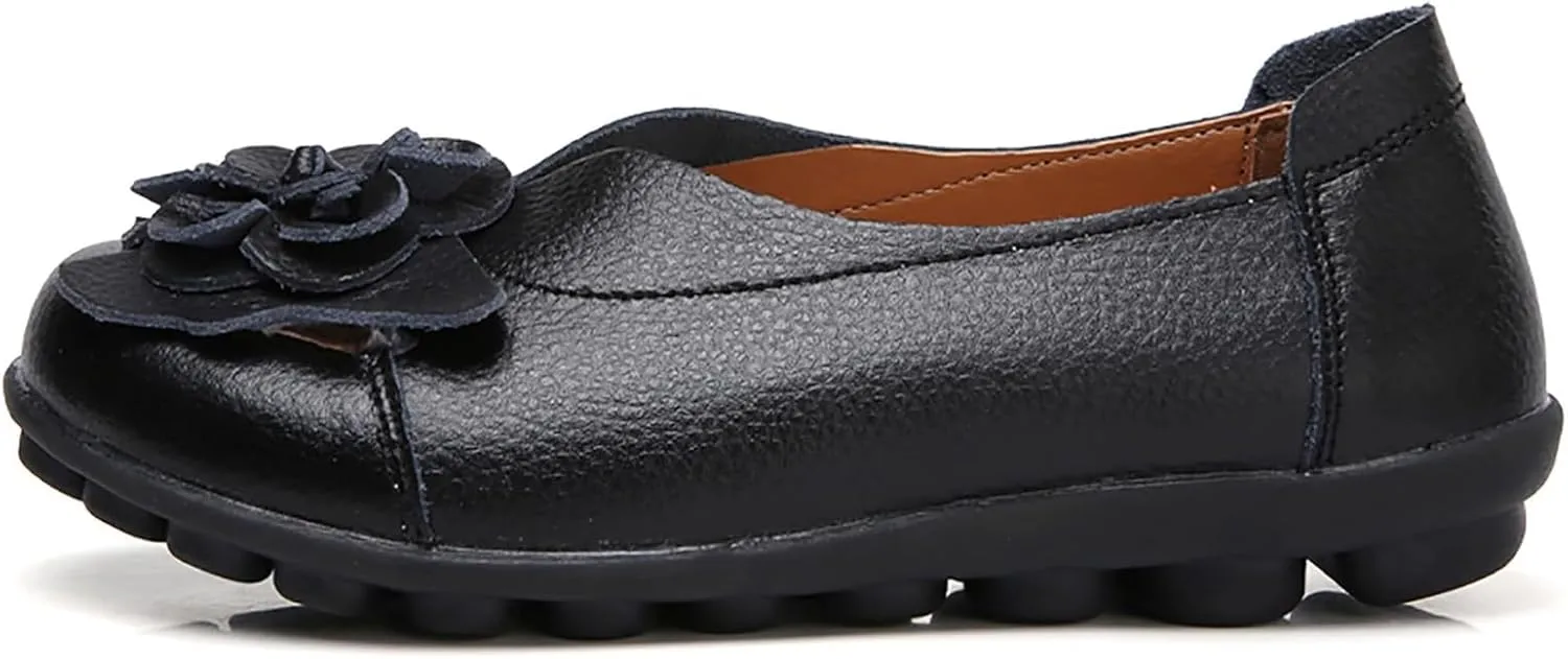 Womens Genuine Leather Loafers Wide Width Slip on Casual Round Toe Moccasins Driving Flats Lightweight Mom Nurse Walking Shoes
