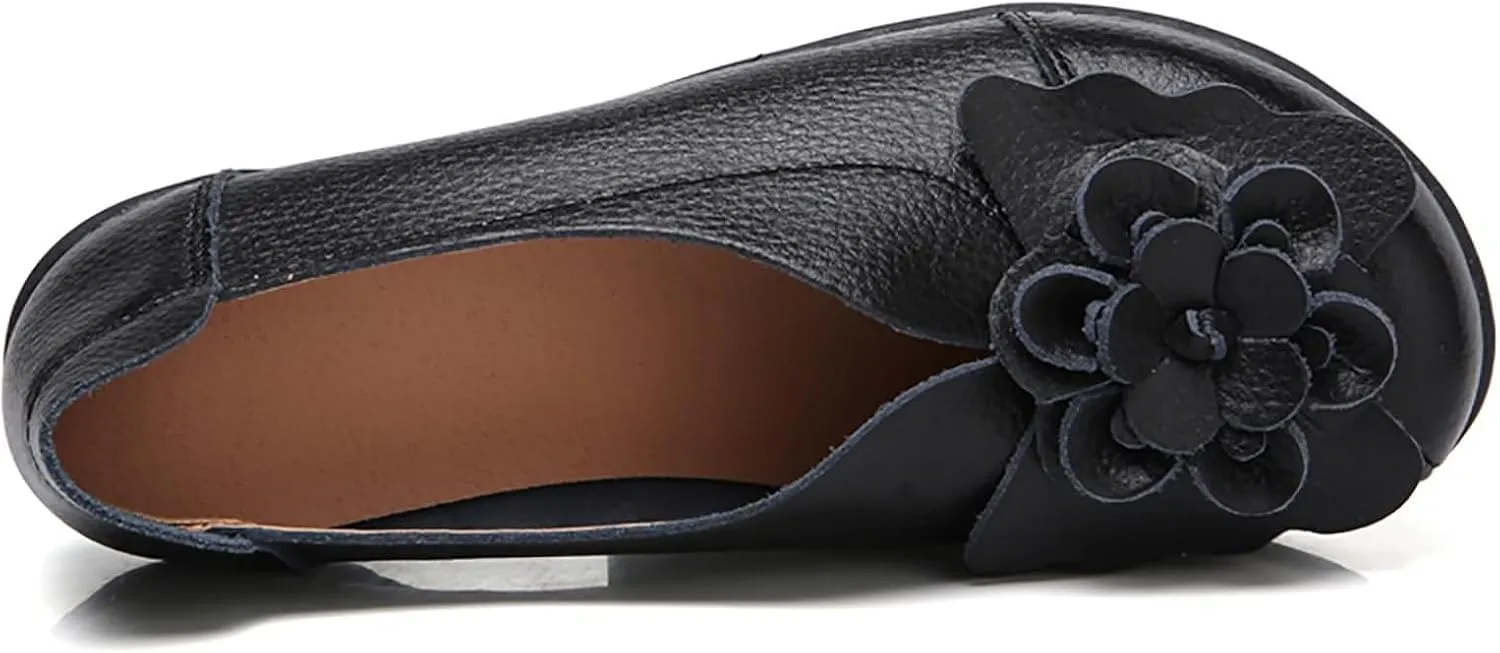 Womens Genuine Leather Loafers Wide Width Slip on Casual Round Toe Moccasins Driving Flats Lightweight Mom Nurse Walking Shoes