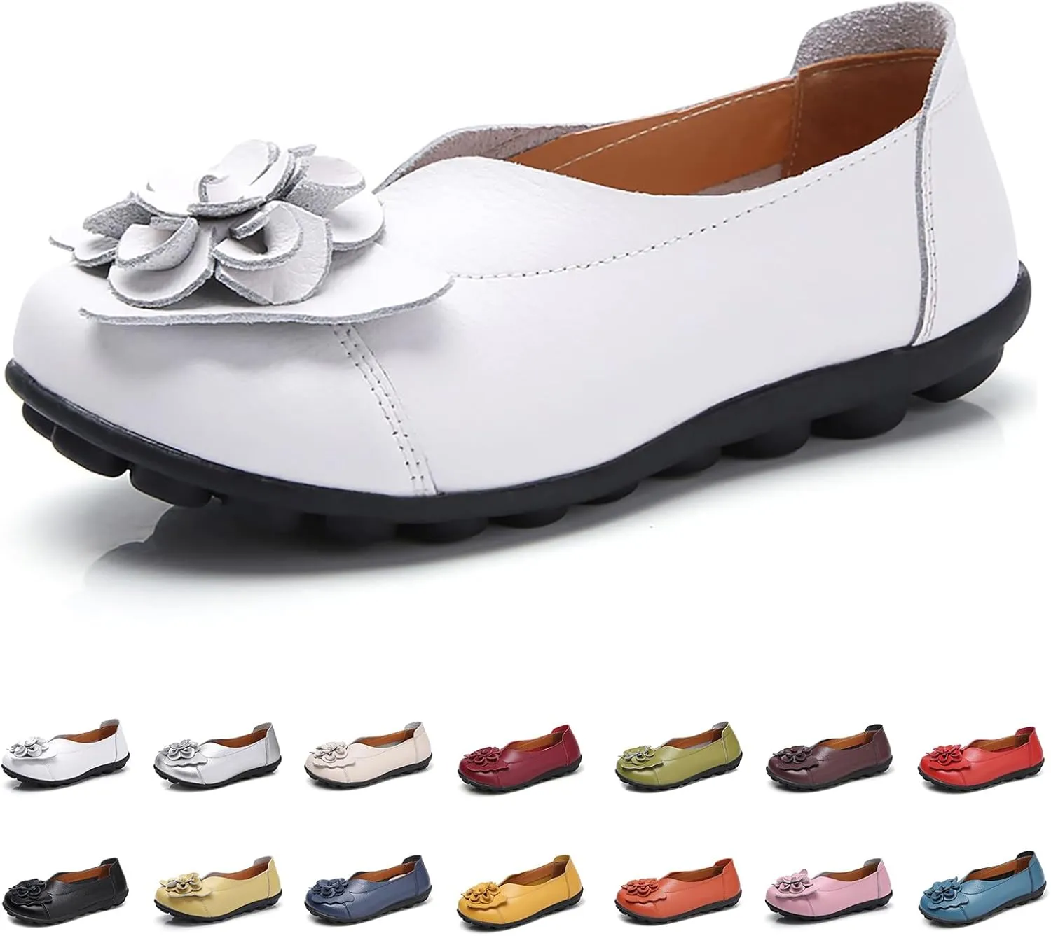 Womens Genuine Leather Loafers Wide Width Slip on Casual Round Toe Moccasins Driving Flats Lightweight Mom Nurse Walking Shoes