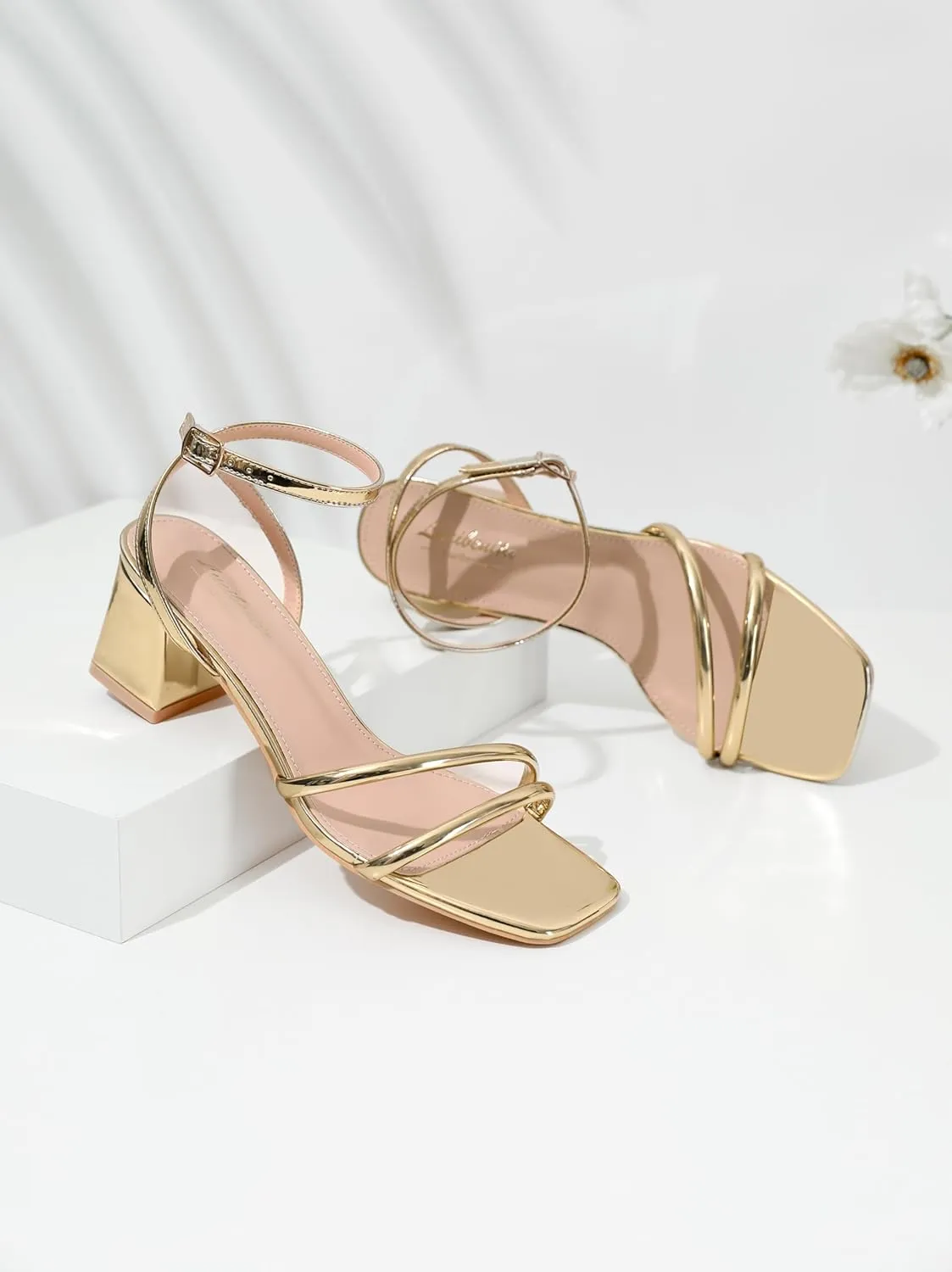 Women's Heels Chunky Block Strappy Square Open Toe Ankle Buckle Heeled Sandals Wedding Party Dress Shoes