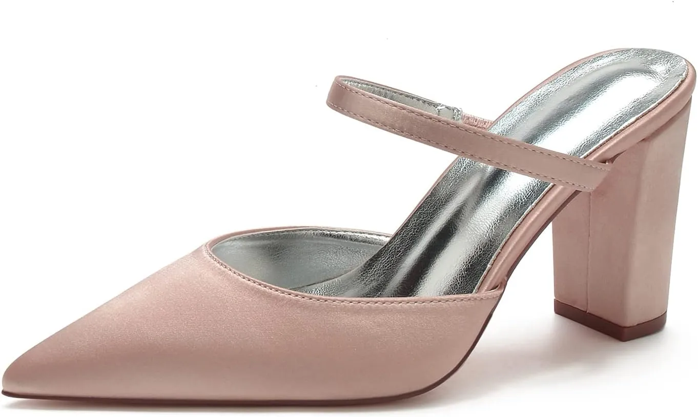 Women's High Chunky Heels Closed Toe Block Slingback Dress Pumps Shoes Mules Pumps