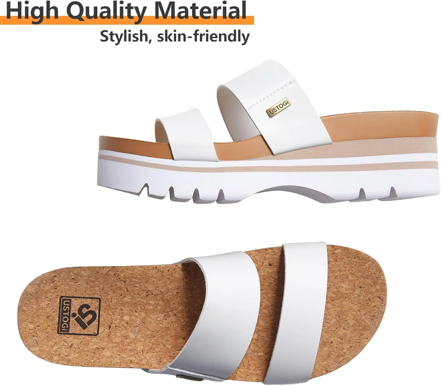 Women's Higher Platform Sandals Arch Support Beach Slides for Woman Orthotic Summer Causal Cork Footbed Slip on Cushion Cute 2 Strap Flatform 2.2IN sandalias de mujer