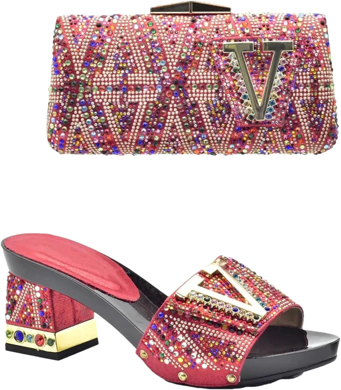 Women's Italian Art Deco Party Set - Geometric Gold Foil Pumps & Mirrored Clutch for Glamorous Evening Galas