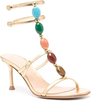 Women's Jeweled Stone Gladiator Sandals T strap Buckle Trio Sandals Mid Heel Ankle Strap Shoes